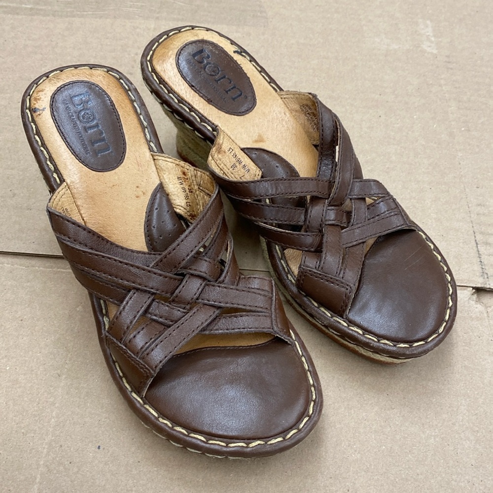 Born Sandel Cork Wedge Heel Brown Woven Leather Slip-on Women Size 7
